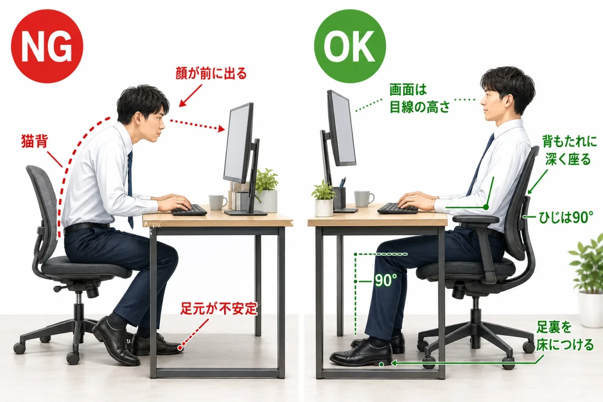 デスクワークで疲れにくくするための基本的な座り方