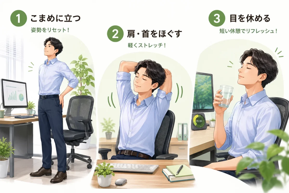 デスクワーク中にこまめに立つ・肩や首をほぐす・目を休める3つの習慣