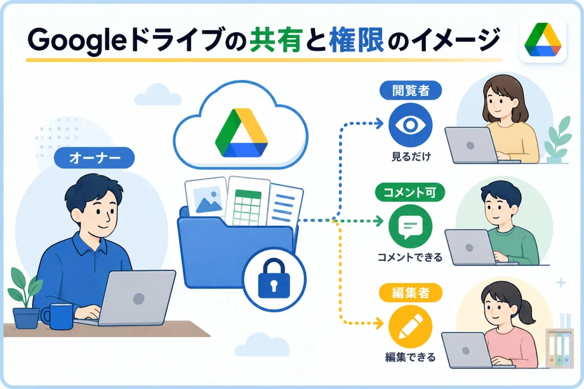 Googleドライブでファイルを共有するときのアクセス権限を確認する図