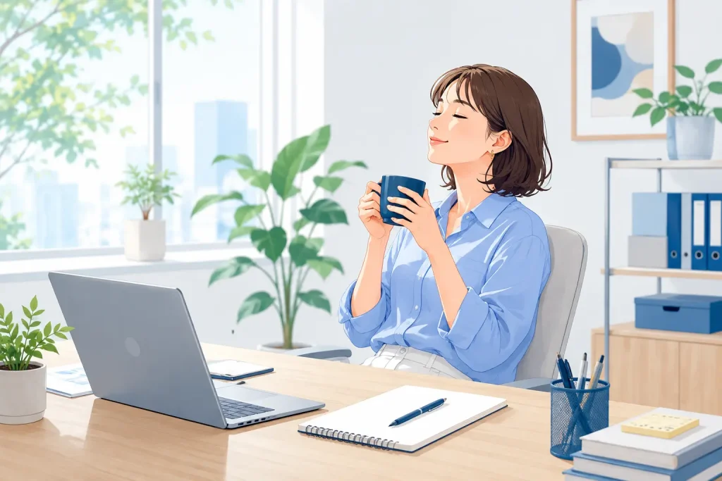整理されたデスクで作業の合間に休憩する人
