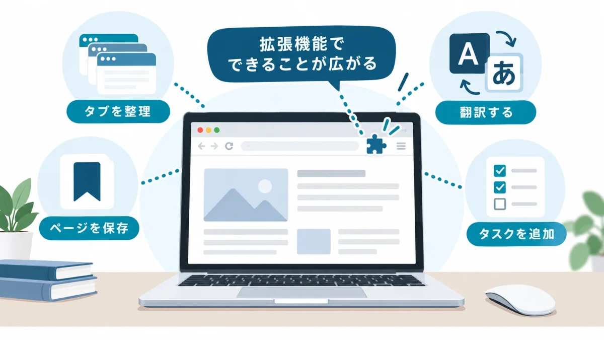 ブラウザ拡張機能でタブ整理や翻訳などができるイメージ