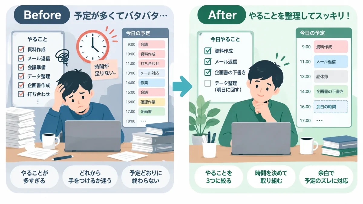 予定を詰め込みすぎた状態と余白のある時間管理の比較