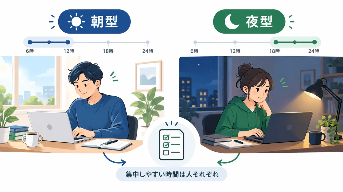 朝型と夜型で集中しやすい時間帯が異なるイメージ