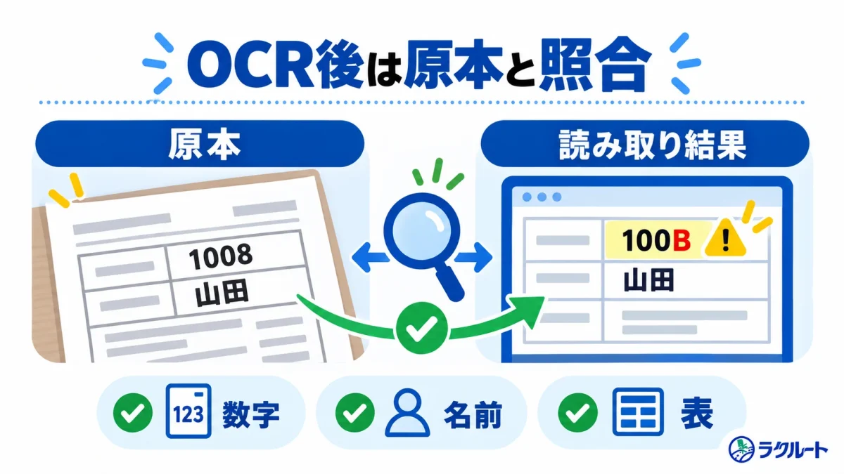 OCRの読み取り結果を原本と見比べ、数字や名前、表の対応を確認する図