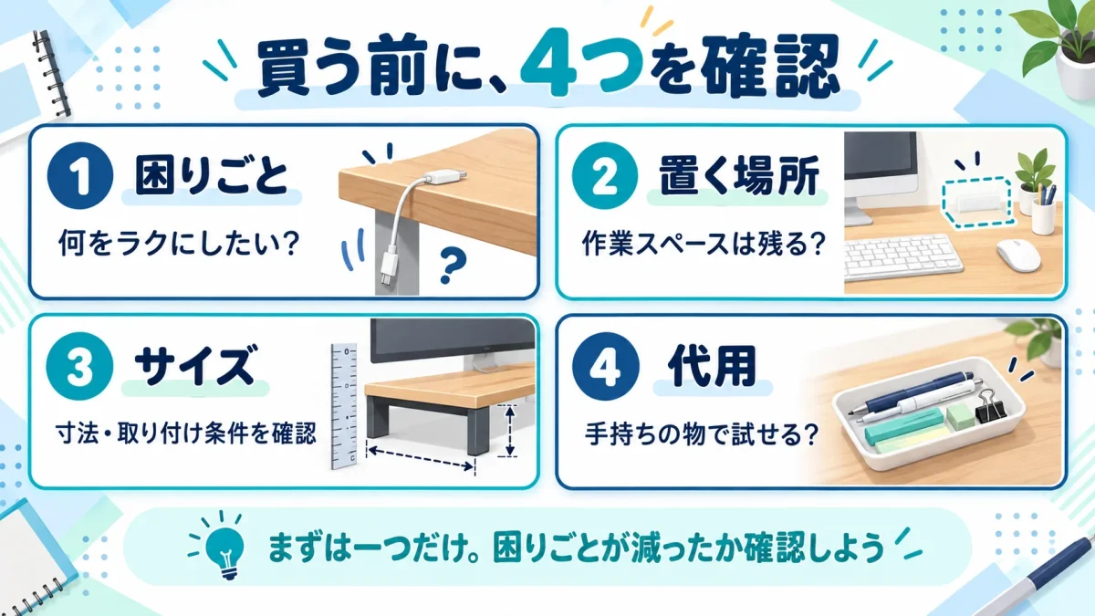 便利グッズを買う前に、困りごと・設置場所・サイズ・手持ちの物での代用を確認する流れ