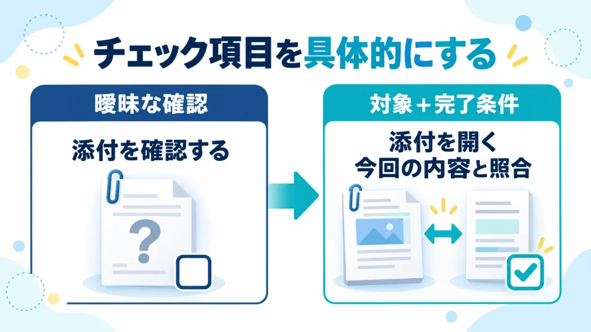 曖昧な確認項目を、対象と完了条件が分かるチェック項目へ書き換える比較図